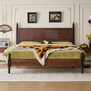 中古风拼色实木床现代简约1.5M1.8M单双人床红橡木法式 复古主卧床