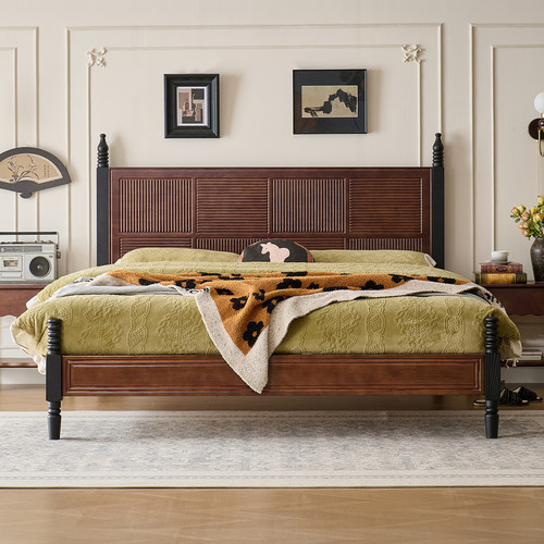 中古风拼色实木床现代简约1.5M1.8M单双人床红橡木法式复古主卧床