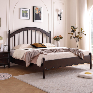 法式 复古全实木床黑胡桃色1.5M1.8M双人中古风竖琴床樱桃木公主床