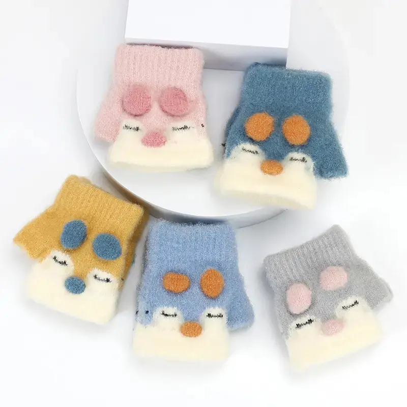 T宝宝手套0-3岁婴幼儿男女秋冬季加绒手套童保暖半指不分指手套YL