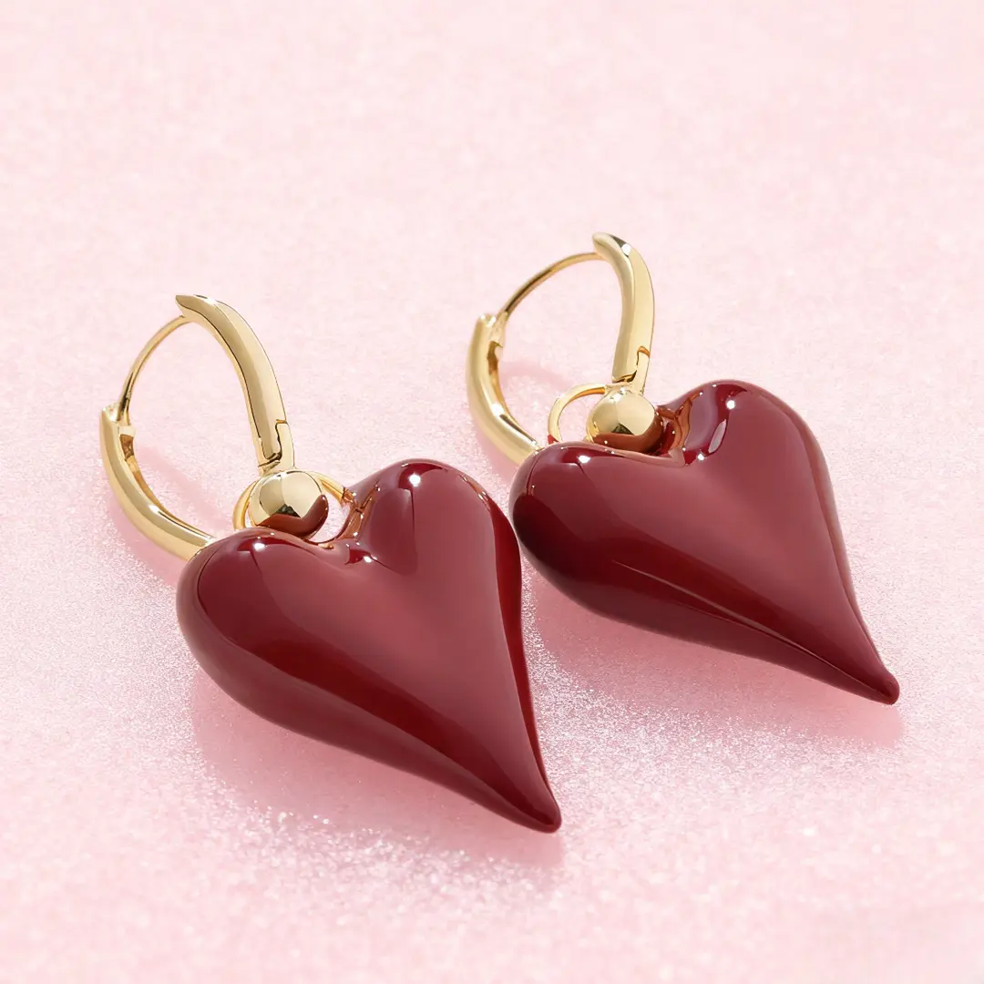 秋冬新款气质简约安可拉红耳扣滴釉爱心耳环百搭高级感礼品套组YL