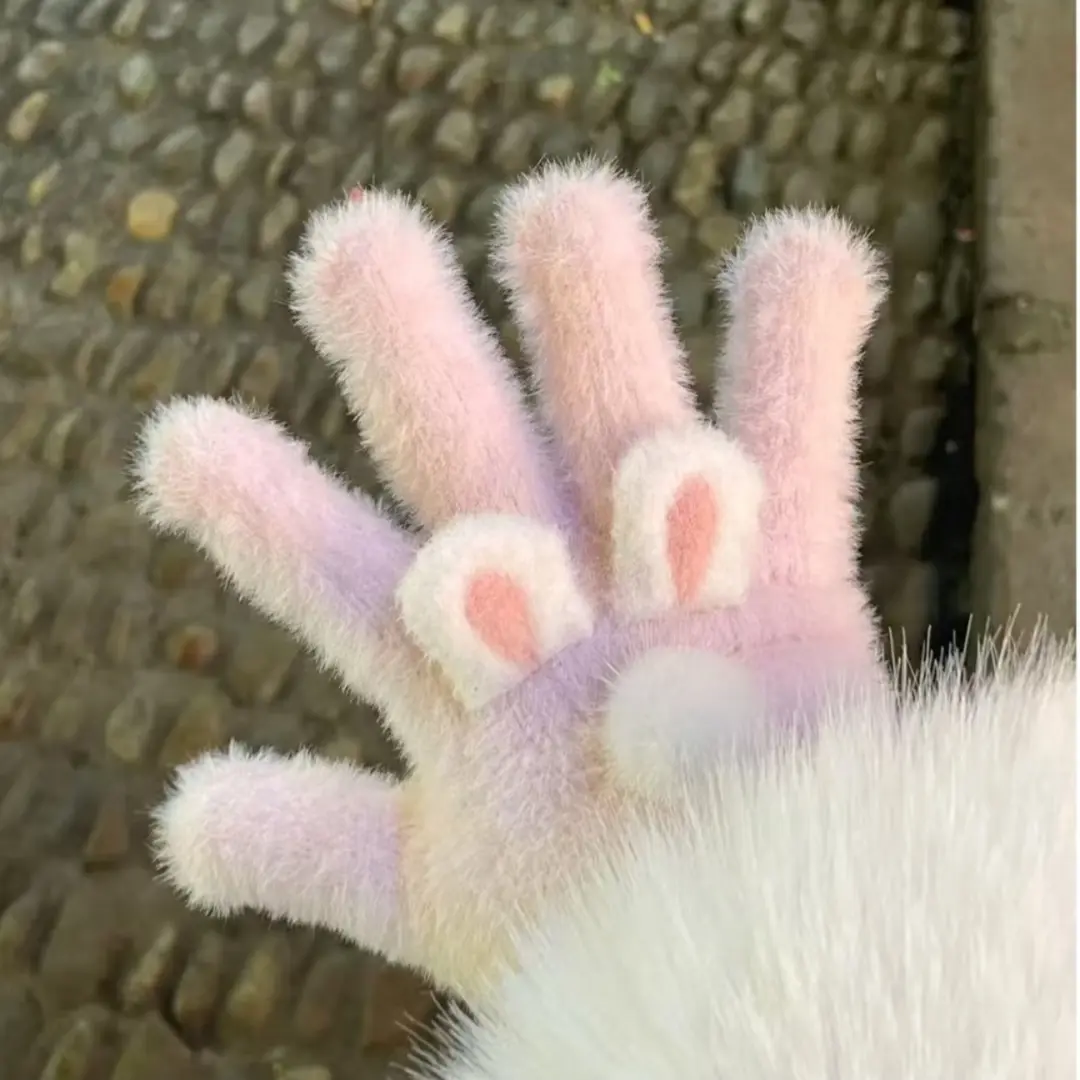 猫咪耳朵可爱少女心针织手套保暖分指毛绒可触屏冬天骑行学生YL