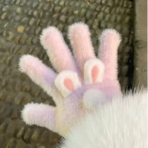 猫咪耳朵可爱少女心针织手套保暖分指毛绒可触屏冬天骑行学生YL