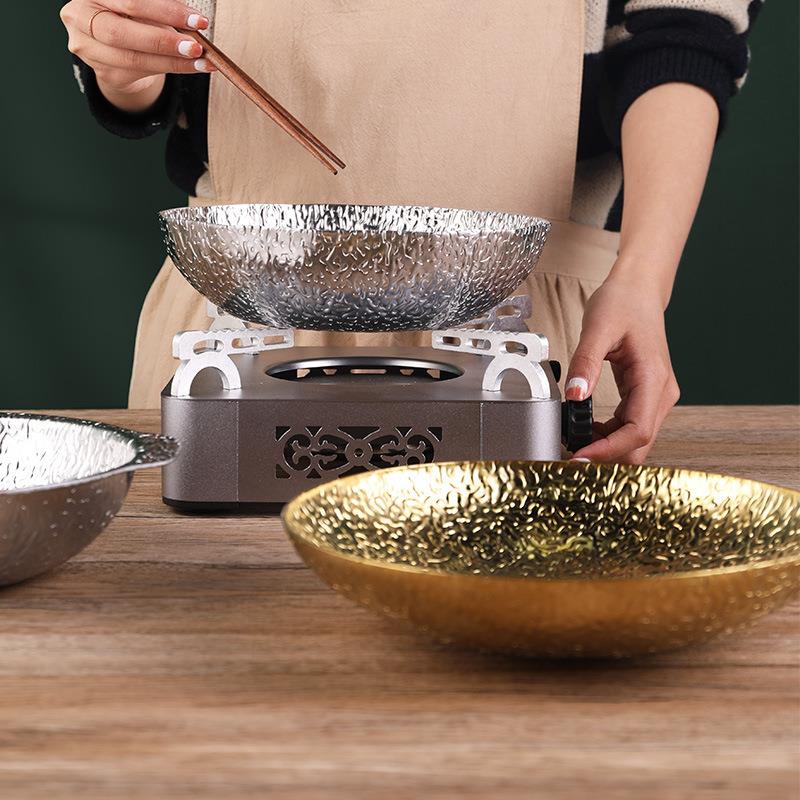 十二棱边雪花干锅盘不锈钢三层钢锤纹酒吧鼎酒精炉商用锅仔