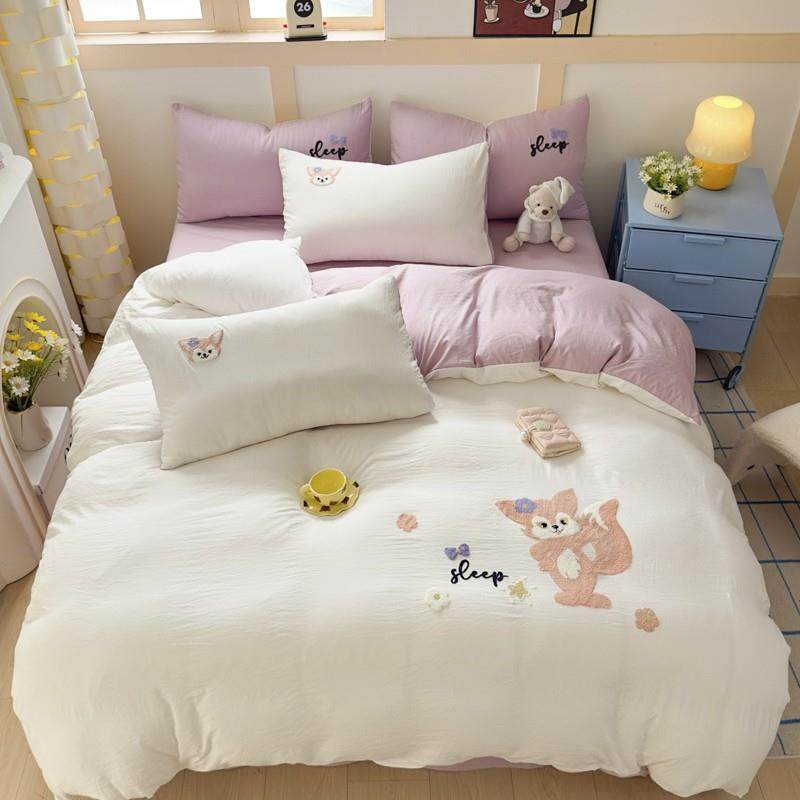 A类婴幼儿级水洗棉四件套床品可爱毛巾绣纯棉三件套床单被套4件套