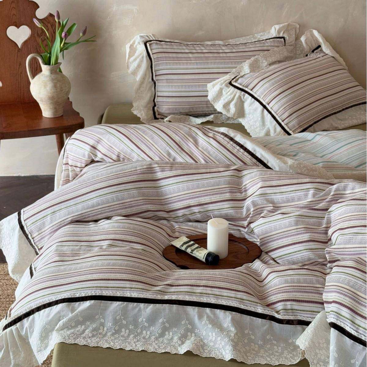 莫尔条纹︱法式少女彩色细条纹全棉双层纱四件套纯棉刺绣花边床品,3C数码配件,其它配件,淘宝优惠券,粉丝福利购,淘宝优惠卷