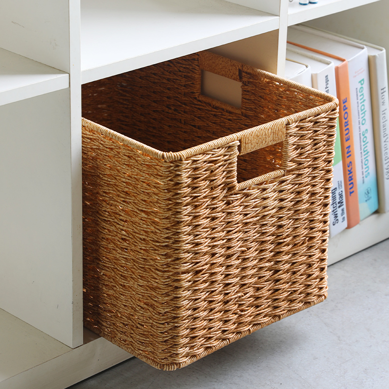 日式抽屉式收纳筐k格子柜书柜矮柜收纳箱仿藤编收纳篮正方形储物