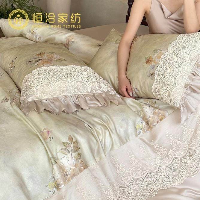 法式油画风凉感莱赛尔四件套花卉印花夏季裸睡蕾丝边被套床品绿色