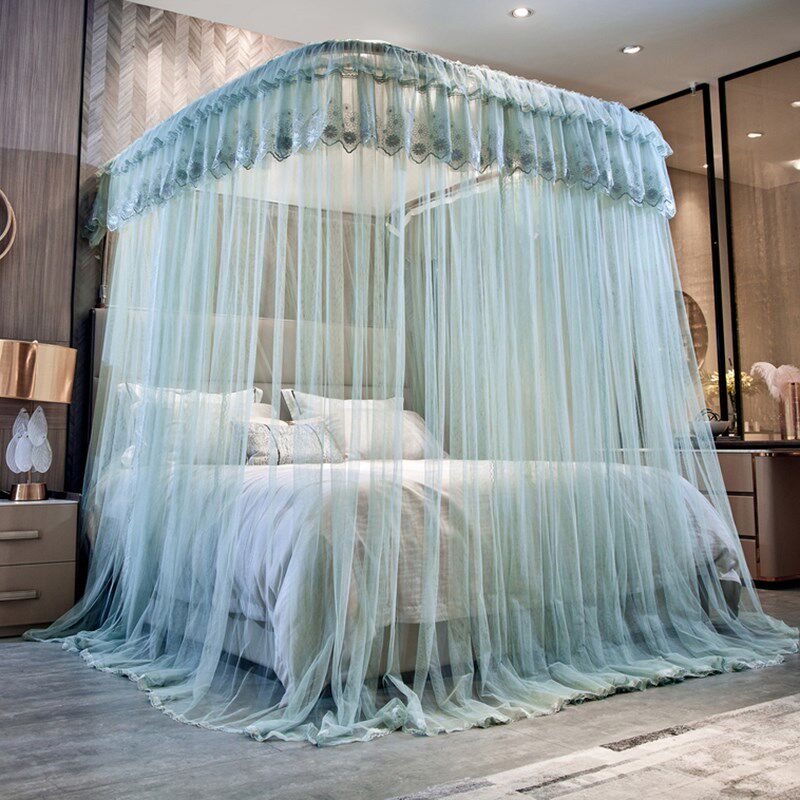 2024新款U型导轨蚊帐加密加厚轨道公主风三开门落地宫廷家用卧室