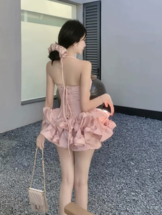 越南鱼骨抹胸蝴蝶结立体蓬蓬木耳连衣裙收腰荷叶蛋糕礼服裙配短裤