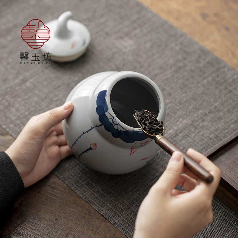 手绘荷花茶叶罐陶瓷葫芦茶罐密封罐家用高端散茶存茶空罐茶叶包装