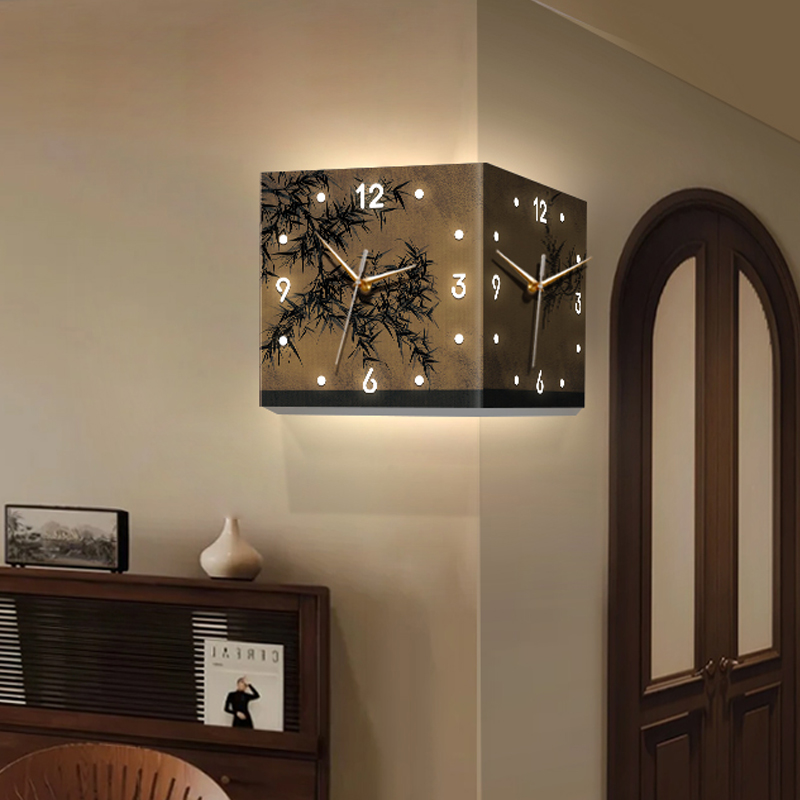 墨竹图转角双面挂钟m客厅创意中古风拐角时钟挂墙中国风竹子壁钟