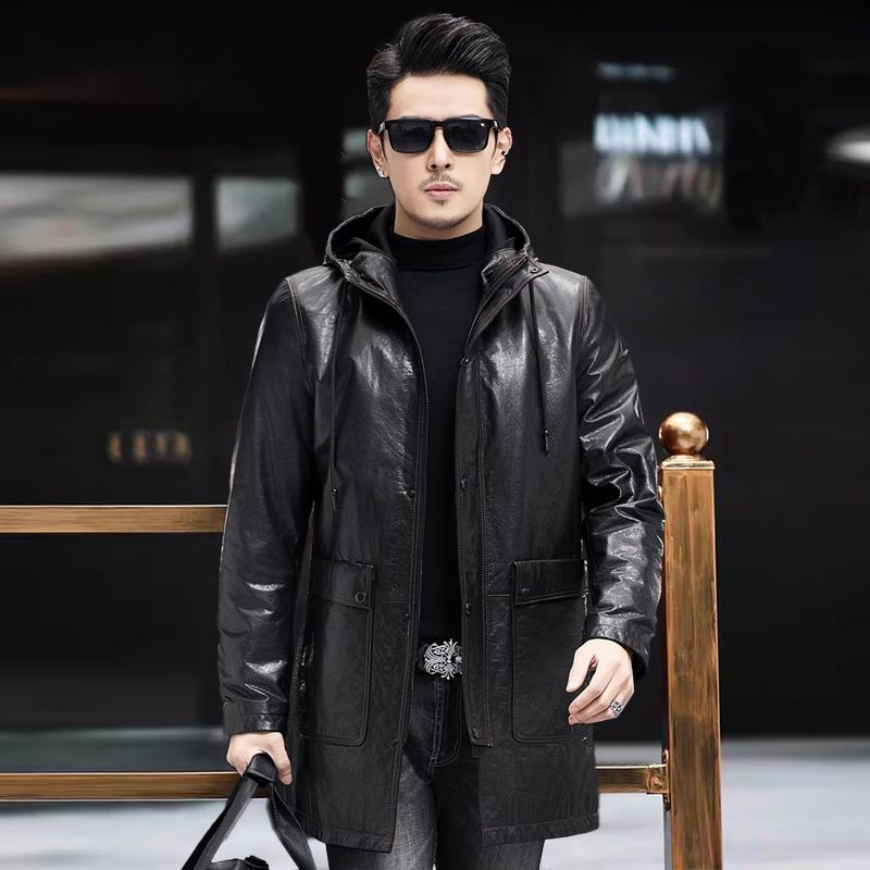 海宁真皮头层牛皮中长款连帽皮衣羽绒脱卸桑蚕丝夹克男风衣外套冬