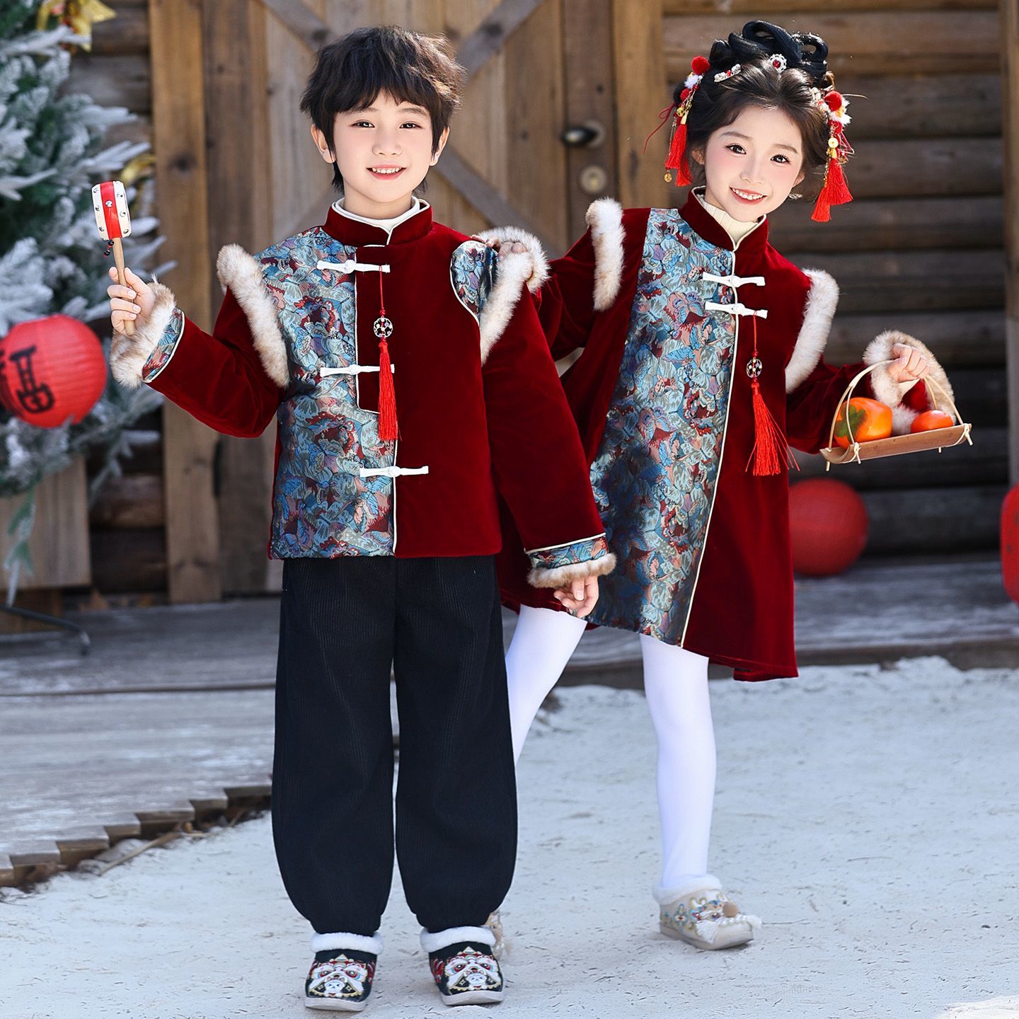 儿童元旦中式演出服男女童加绒加厚唐装幼儿园表演红色喜庆演出服