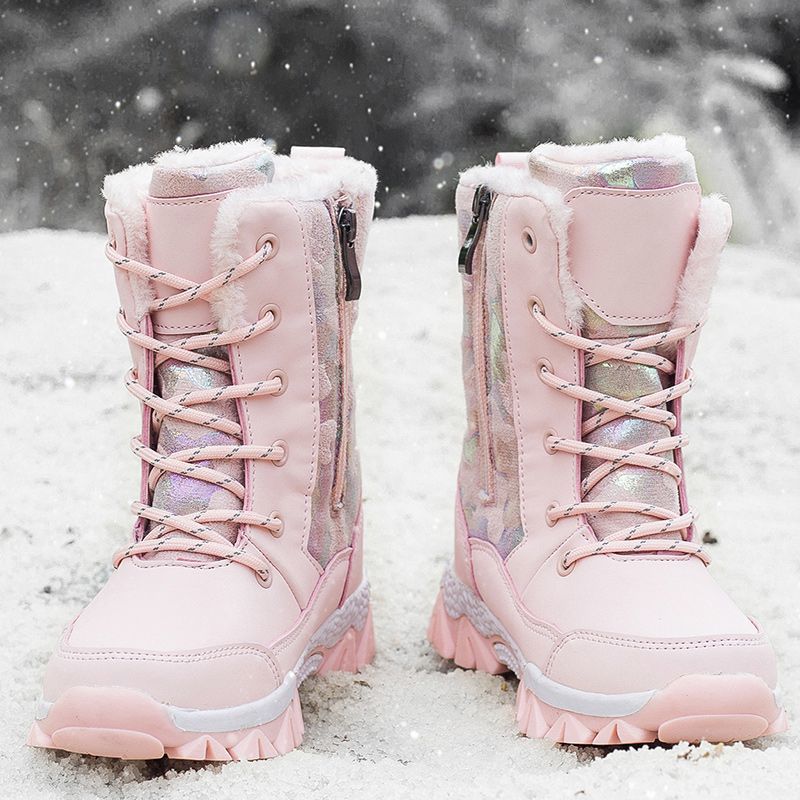 女童雪地靴冰爪防滑加厚加绒中大童冬季大棉鞋女孩防水儿童雪地靴