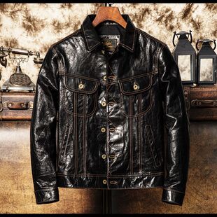 植鞣蜡染风暴骑士头层羊皮真皮皮衣男士 牛仔真皮夹克外套 翻领短款