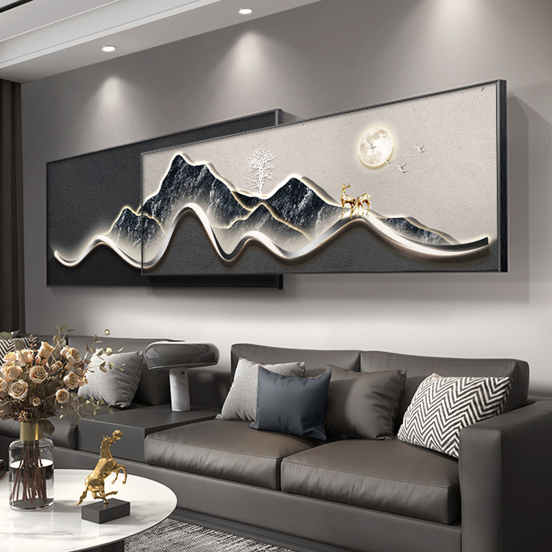 现代轻奢沙发背景墙装饰画背有靠山高级感大气客厅挂画叠加山水画