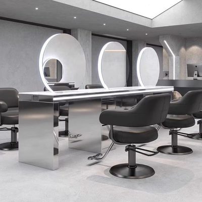 网红美发店镜台不锈钢大理石理发店烫染桌带柜子一体发廊专用镜子