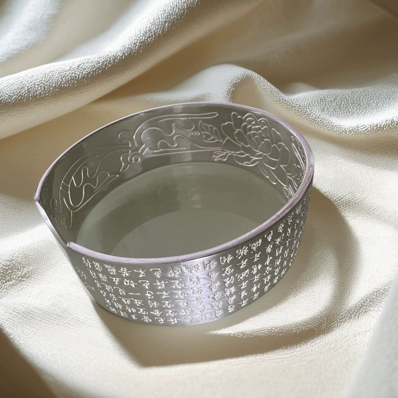 新中式足银手镯女开口莲花复古心经实心镯子古风国风手饰