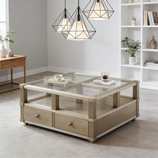 美克art家具美家莫里印象美式实木茶几法式轻奢正方形玻璃咖啡桌