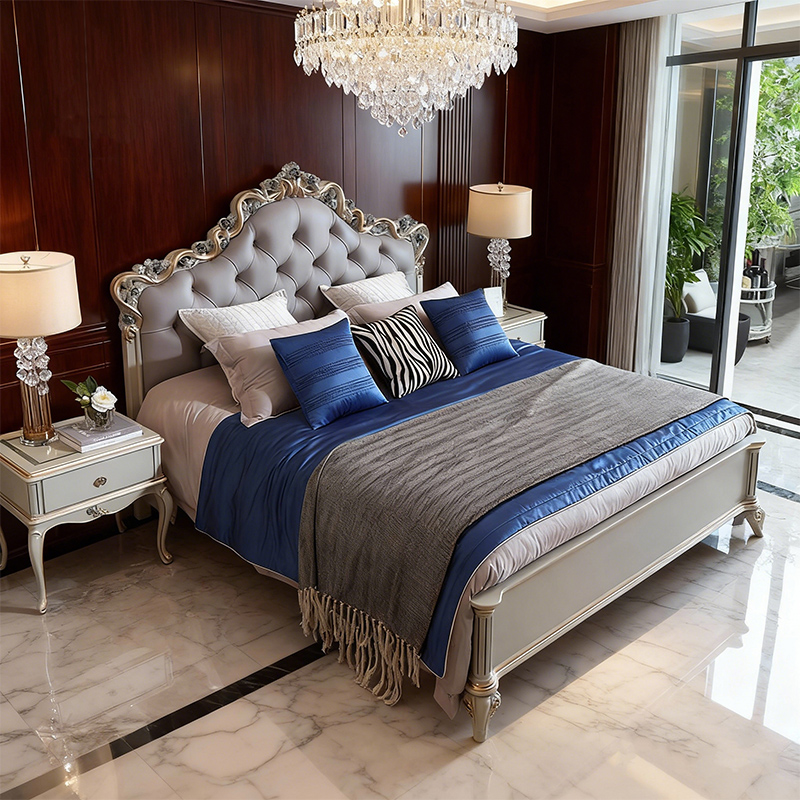 法式轻奢实木真皮雕花主卧双人床