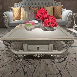 欧式实木茶几简欧轻奢别墅套房实木雕花客厅长方圆形茶桌家具