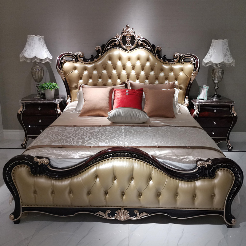 欧式新古典奢华双人床1.8米2米真皮实木床主卧雕花别墅大床