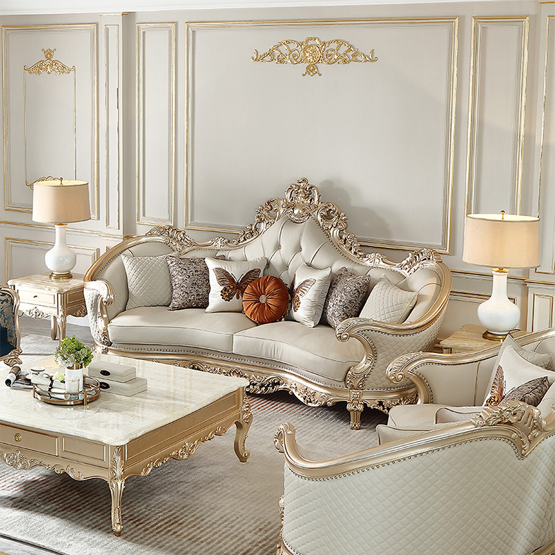 欧式宫廷雕花实木真皮客厅沙发