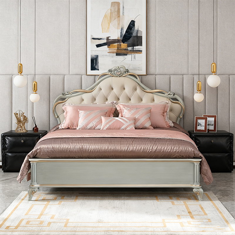 法式新古典实木雕花真皮床高端欧式主卧婚床头层牛皮双人大床