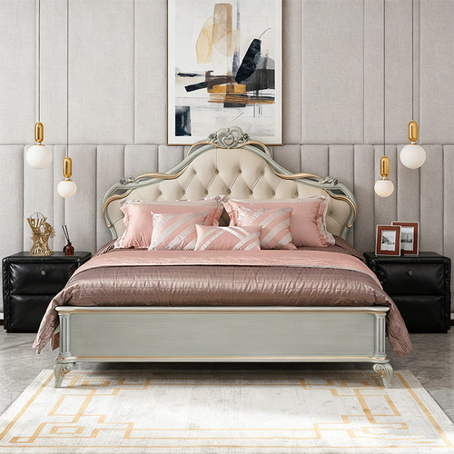 法式新古典实木雕花真皮双人大床