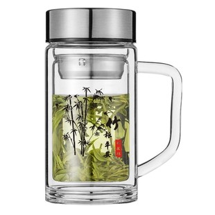 双层玻璃杯350ML新款男士商务带把手水杯办公室茶杯耐热带盖杯子