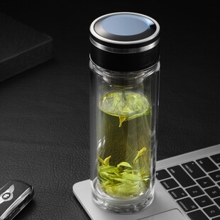 双层商务玻璃杯男士家用办公水杯350ML便携透明带盖车载泡茶杯子