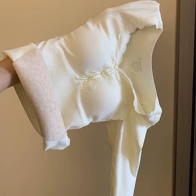 W8667#羊绒桑蚕丝秋冬套装10A抗菌带胸垫长款蕾丝V领加绒秋衣秋裤