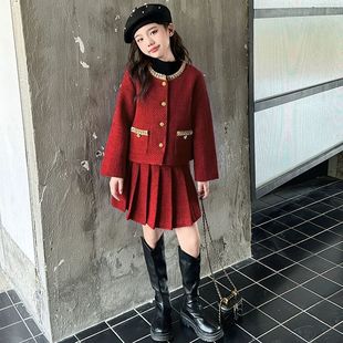 女童小香风套装秋冬女大童拜年服儿童红色连衣裙女孩新年外套裙子