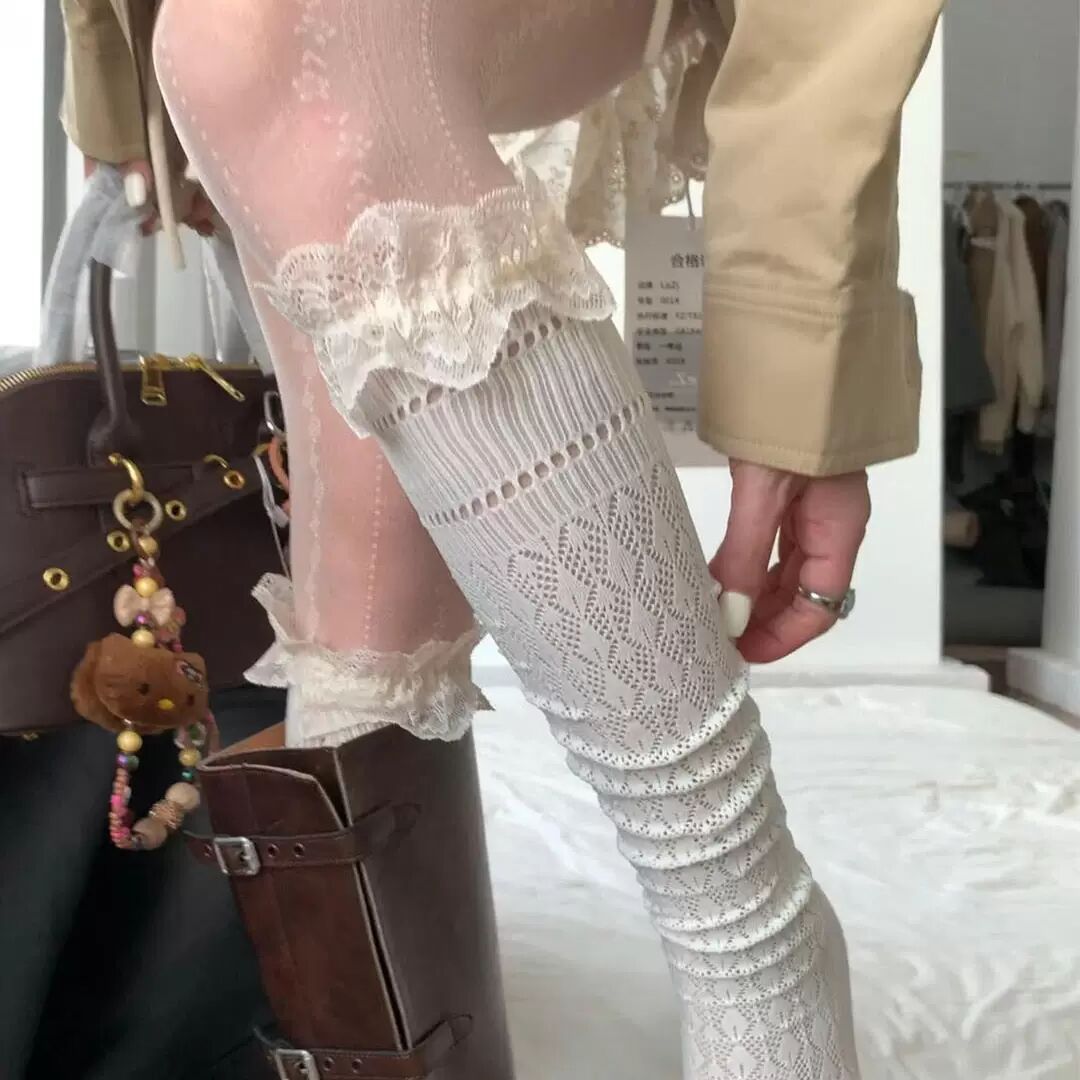甜美奶油花边蕾丝袜子jk堆堆镂空丝袜高弹不勒腿Lolita长靴显瘦