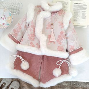 过年女童拜年服206新中式孩国风毛加绒上衣儿粉色阔腿裤两件套