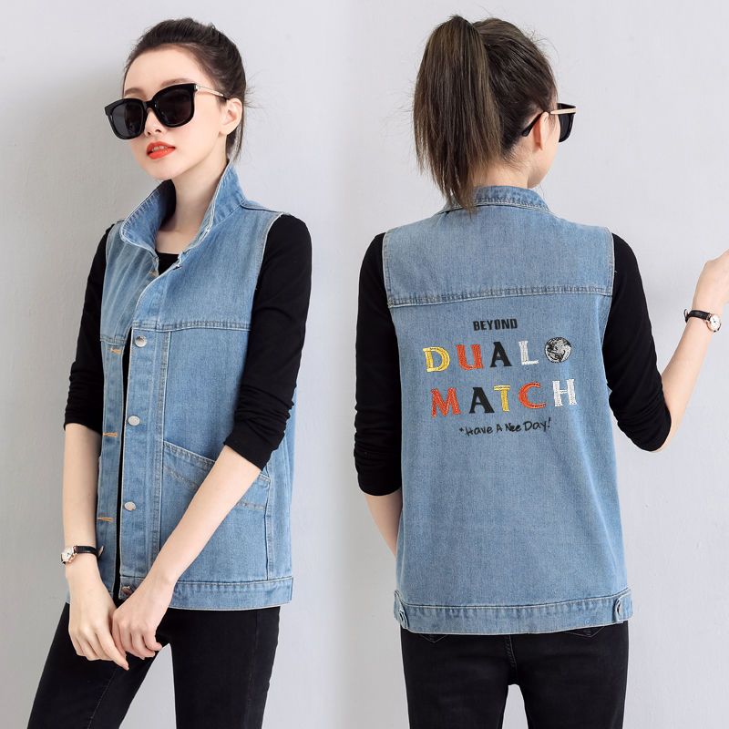 80-200斤大码牛仔马甲女时尚韩版胖妹妹宽松流行字母绣花无袖外套
