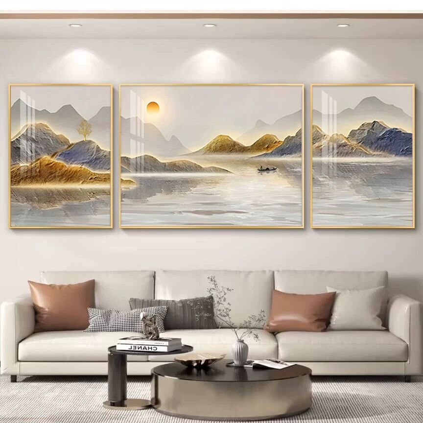 客厅三联画现代轻奢壁画沙发背景墙挂画高档大气好寓意客厅装饰画