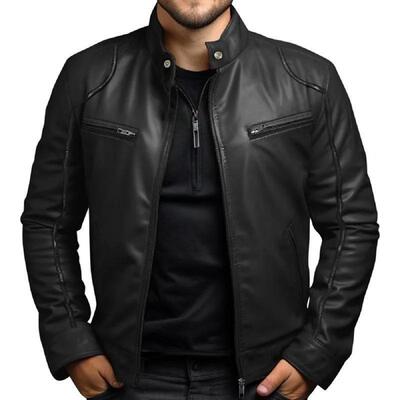 Men's Biker Leather Jacket Stand up Collar Punk Leather