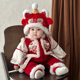 婴儿拜冬年服喜庆风婴儿拜年服冬装连体衣宝宝新年衣服冬季新生幼
