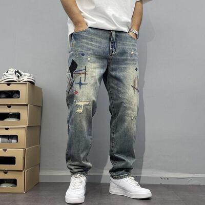 Washed Vintage Distressed Patchwork Embroidered Jeans for