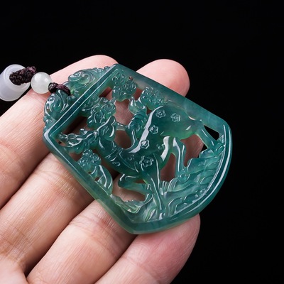 天然A货翡翠蓝水鹿花鹿踏雪寻梅玉石吊坠民族风情侣男士女款挂件