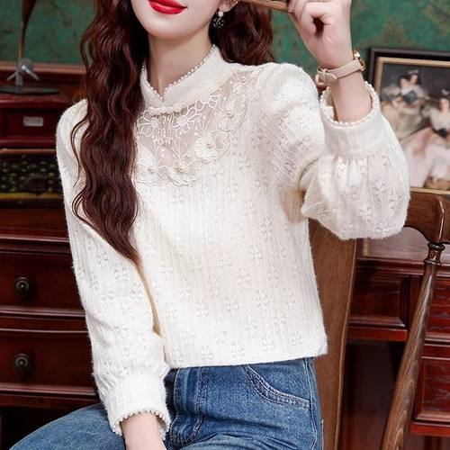新中式内搭新中式立领长袖蕾丝打底衫秋冬新款时尚小衫加绒加厚内