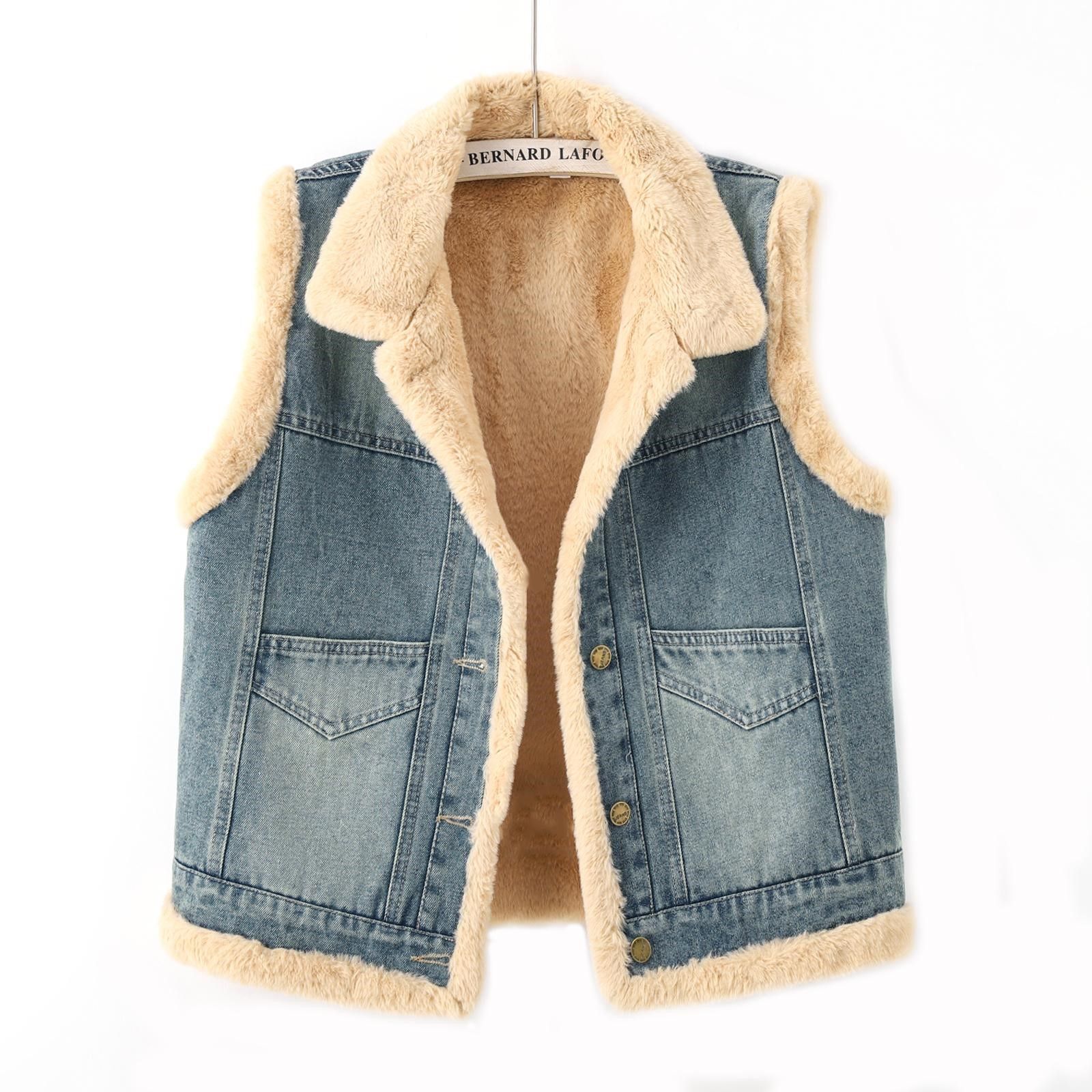 秋冬季加绒加厚牛仔马甲女短款韩版宽松百搭小个子保暖背心棉衣