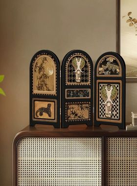 中古风桌面小屏风摆件高级感小众客厅电视柜家居装饰入户玄关摆画