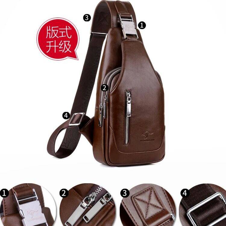 帅桐袋鼠胸包男款大容量胸前背包时尚复古软皮小挂包单肩斜挎包