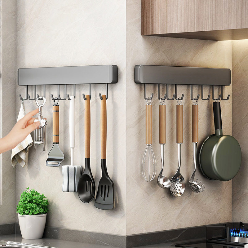 厨房挂杆免打孔锅铲挂钩排钩墙壁壁挂墙上置物架厨具挂架太空铝