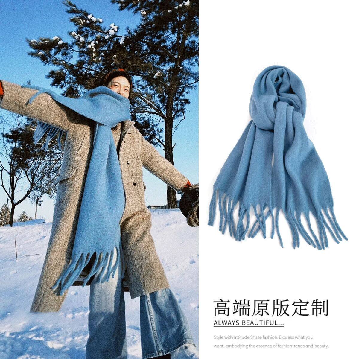 哈尔滨旅游蓝色围巾女秋冬季韩系氛围高级感保暖装备东北穿搭围脖