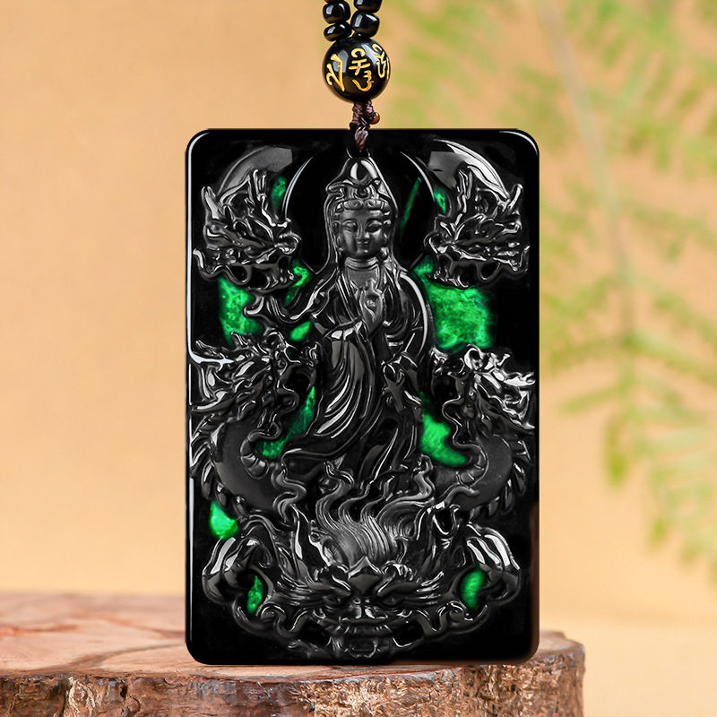 天然墨翠A货翡翠龙头观音玉石吊坠冰种墨玉挂件玉坠四会玉器