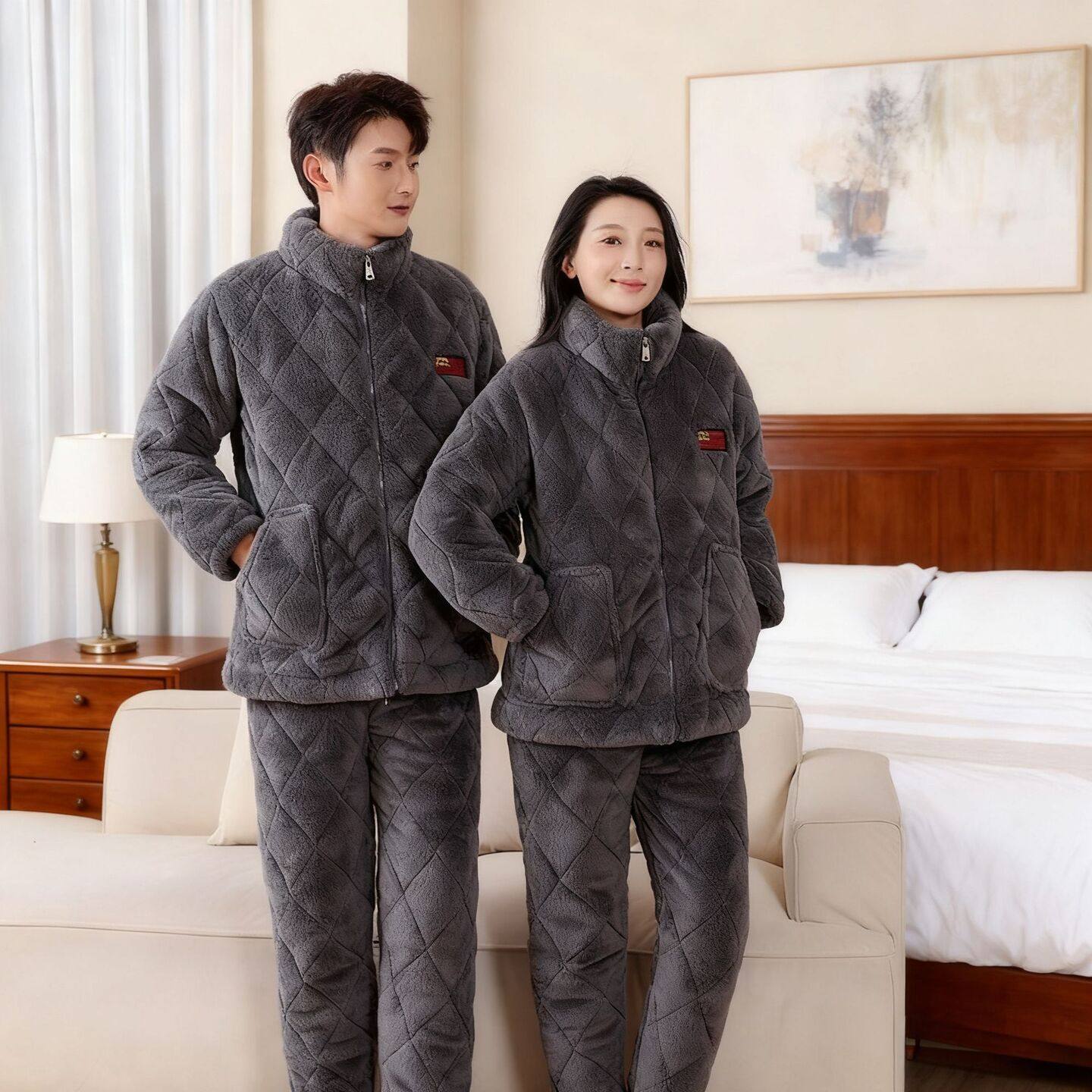 冬季睡衣情侣加绒加厚女款2025新款男款三层夹棉可外穿家居服